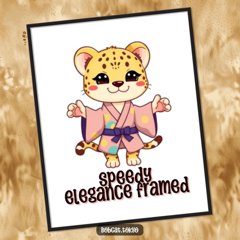 Funny Poster Art of a stylized cheetah in a colorful kimono, striking a playful, attention-grabbing pose, bringing humor to decor.