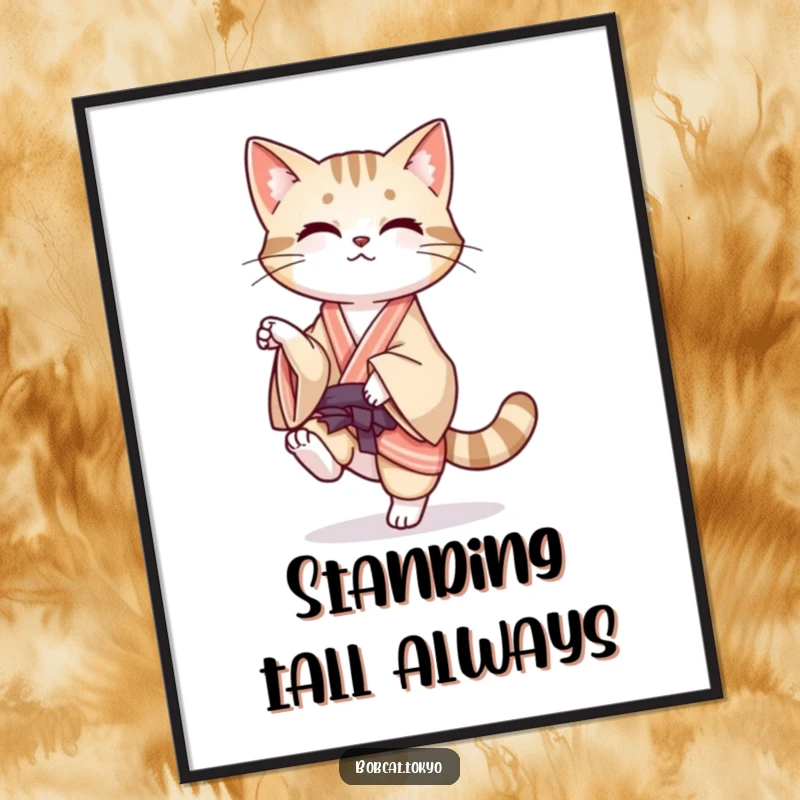 Funny Poster of a bobcat balancing playfully on one leg, its kimono flowing, adding whimsical humor and artistic flair.