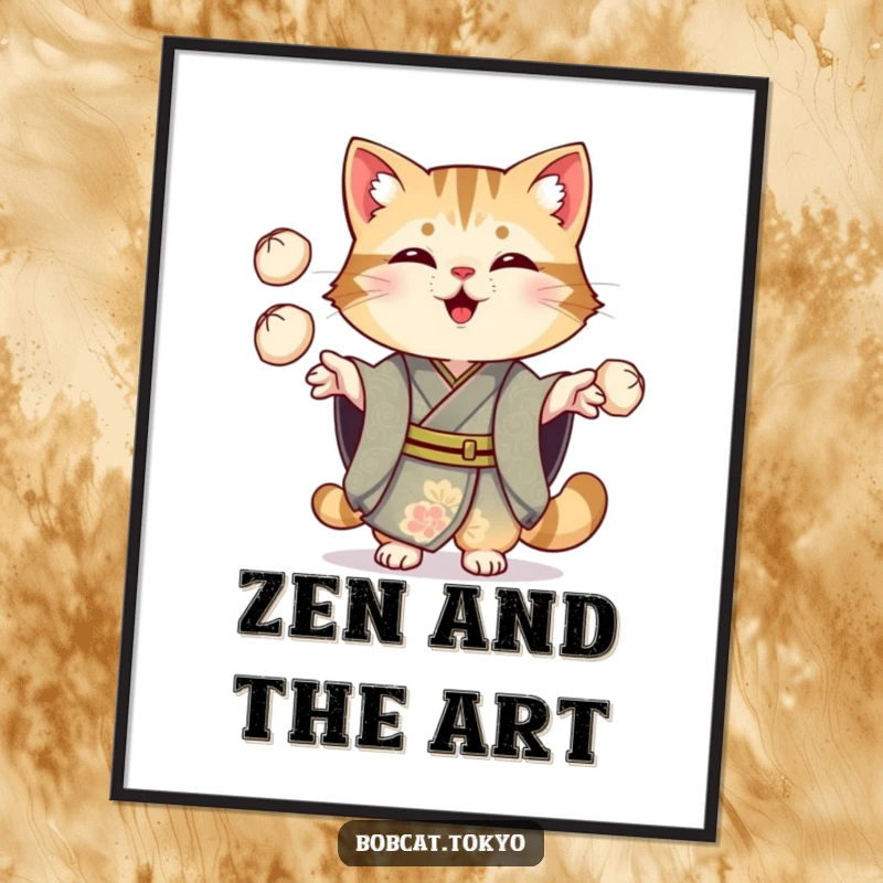 Funny Bobcat Poster: A bobcat in an ornate kimono cheerfully juggling three small dumplings, a whimsical and charming piece of art.