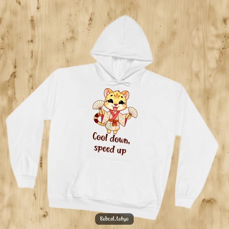 Funny Hoodie depicting an excited cheetah character in a kimono, enthusiastically waving fans, designed for comfort and cheer.