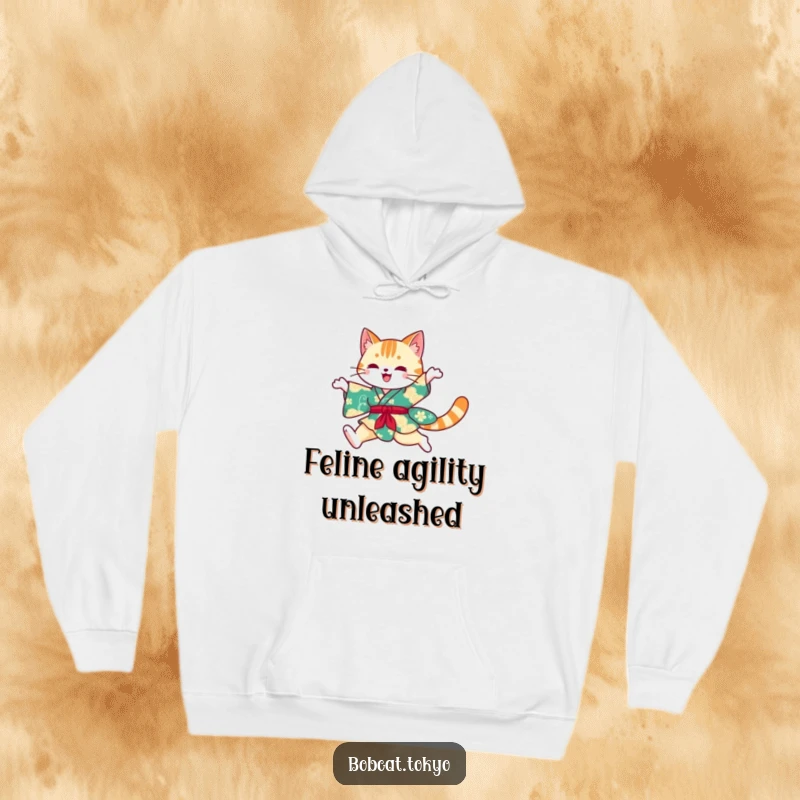 Funny Hoodie showcasing a bobcat silhouette mid-leap in a vibrant kimono, exuding playful energy and artistic flair for cozy wear.