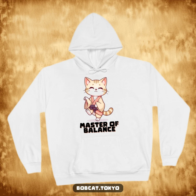 Funny Hoodie showcasing a bobcat balancing on one leg with its kimono flowing, offering warmth and humorous elegance.