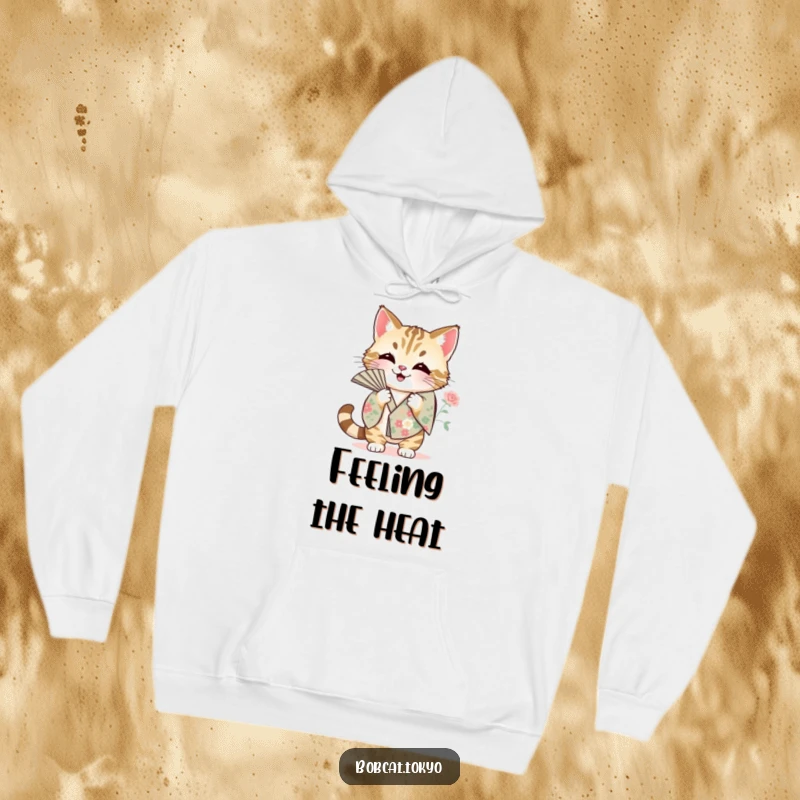 Funny Hoodie showcasing a bobcat fanning itself with a floral kimono sleeve, offering warmth and humorous heat-related antics.