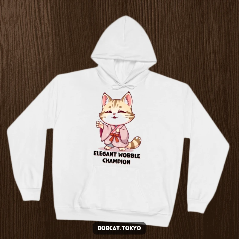 Funny Bobcat Hoodie: A bobcat in an elegant kimono striking a funny, wobbly pose, offering cozy and humorous wear.