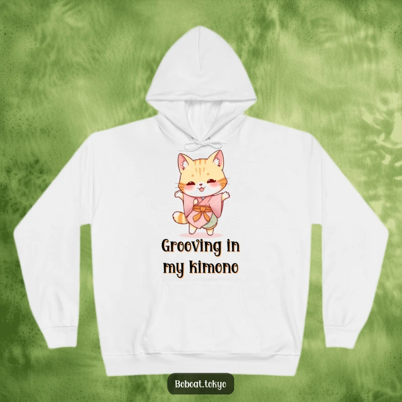 Funny Bobcat Hoodie: A bobcat garbed in a traditional kimono doing a silly hop, offering cozy and humorous wear.