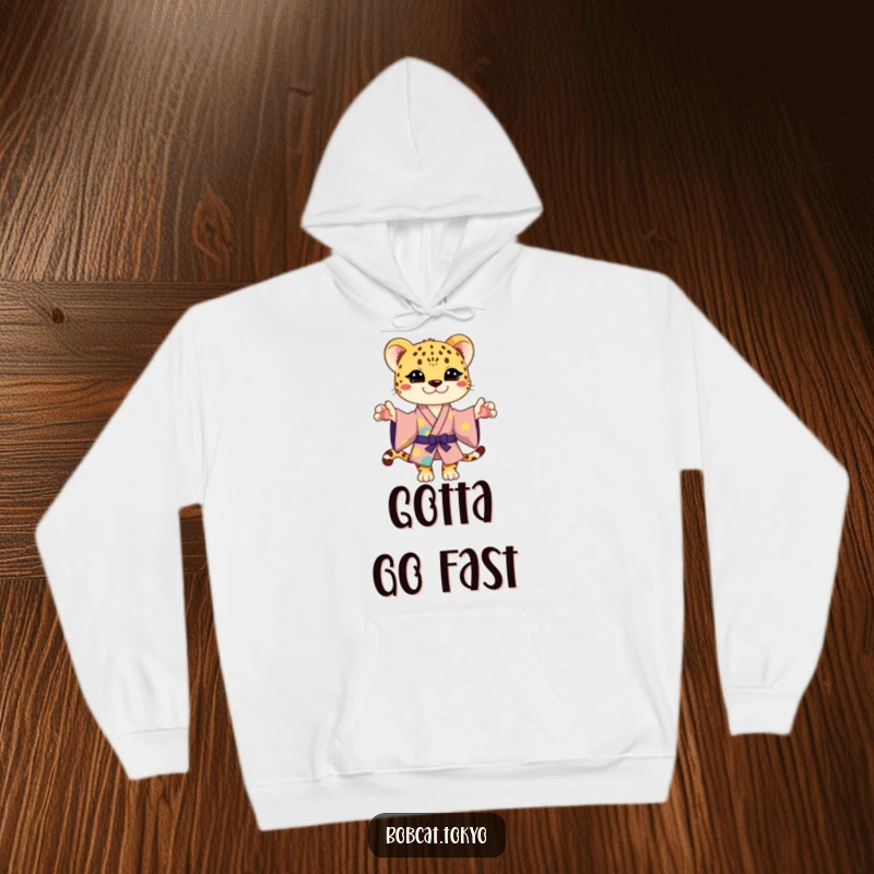 Funny Hoodie featuring a stylized cheetah in a colorful kimono, striking a playful pose, perfect for casual wear and adding humor.