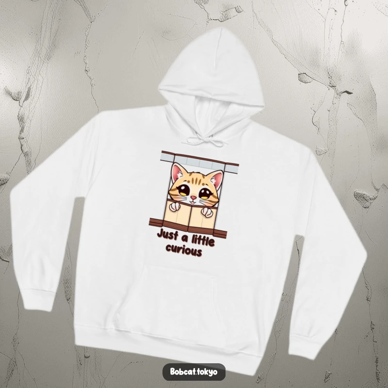 Funny Hoodie showcasing a bobcat with wide, excited eyes peeking from behind a folding screen, offering warmth and humor.