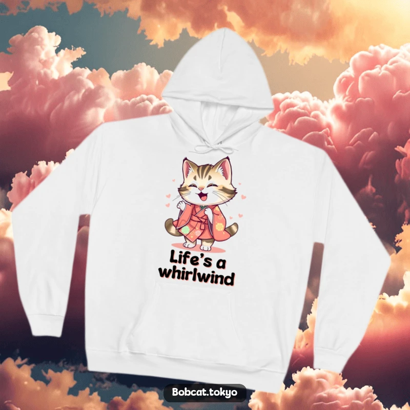 Funny Hoodie showcasing a bobcat joyfully spinning, its kimono a colorful blur, offering warmth and playful energy.