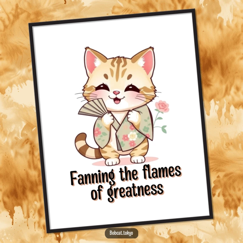 Funny Free Printable Wall Art: A bobcat dramatically fanning itself with its colorful floral kimono sleeve, looking hot.