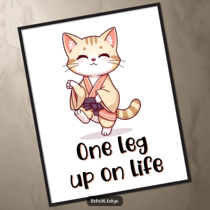 Funny Free Printable Wall Art: Bobcat in a flowing kimono, dynamically balancing on one leg, exuding playful grace.