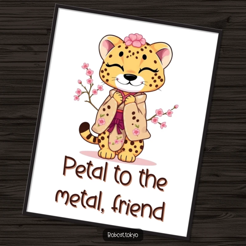 Funny Free Printable Wall Art: Cheetah in Kimono Adorned with Cherry Blossoms Bowing Playfully for Elegant Decor