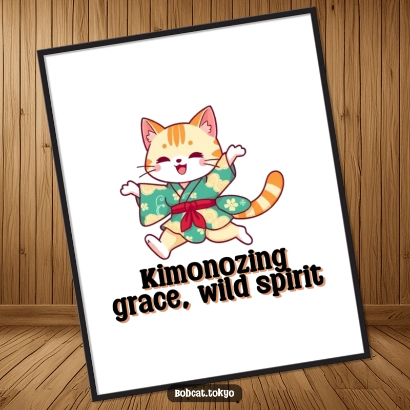 Funny Free Printable Wall Art: Silhouette of a bobcat in a vibrant kimono mid-leap, dynamic and artistic.