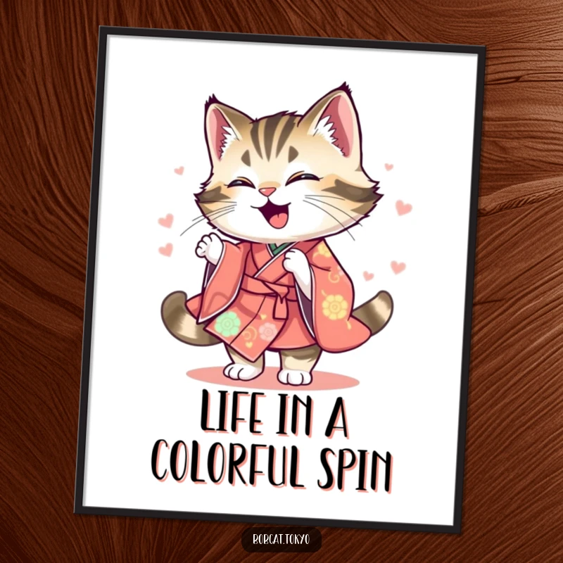 Funny Free Printable Wall Art: A bobcat joyfully spinning, its colorful kimono creating a dynamic, artistic blur.