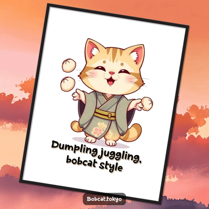 Funny Free Printable Wall Art: Bobcat wearing an ornate kimono cheerfully juggling three small dumplings, a scene of delightful chaos.