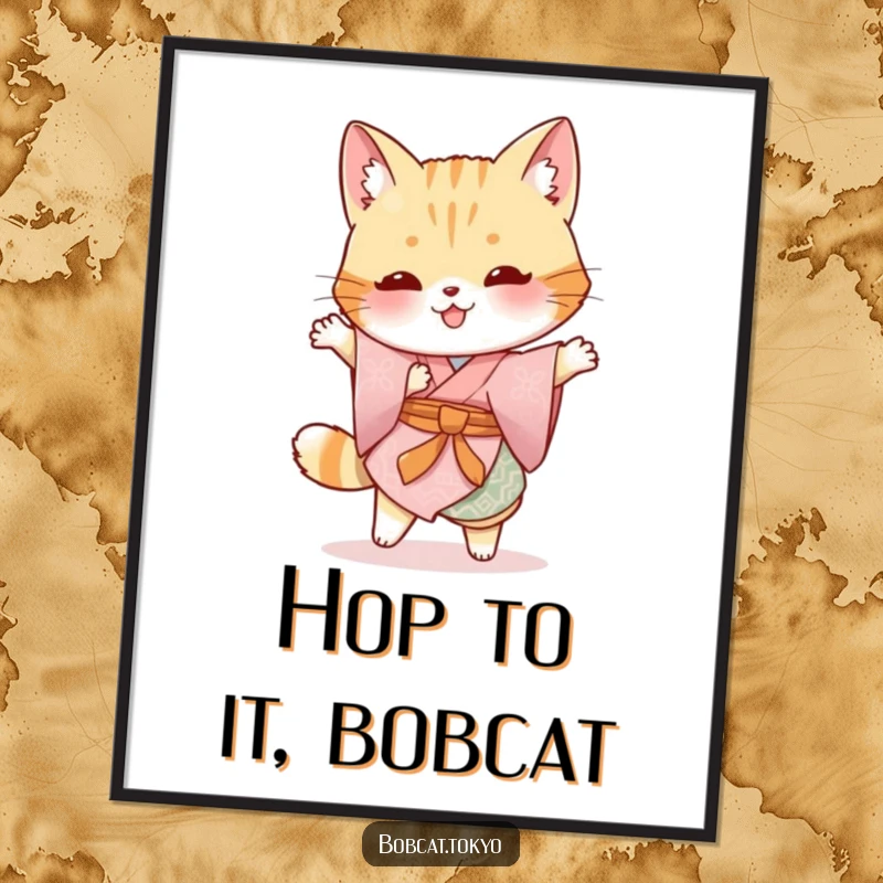 Funny Free Printable Wall Art: Bobcat garbed in a traditional kimono doing a silly hop, capturing a moment of pure fun.