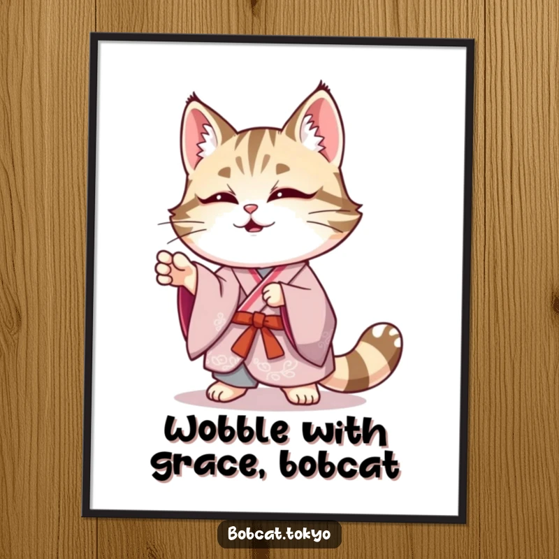 Funny Free Printable Wall Art: Bobcat in elegant kimono striking a funny, wobbly pose, exuding playful awkwardness.