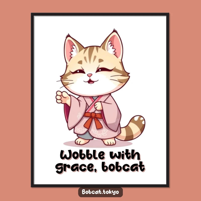 Funny Free Printable Wall Art: Wobbly Bobcat Kimono Pose - Humorous Downloadable Decor