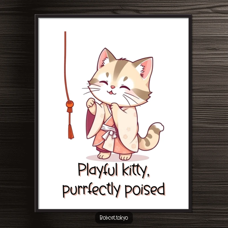 Funny Free Printable Wall Art: Bobcat in a colorful kimono doing a silly hop, full of joy and movement.