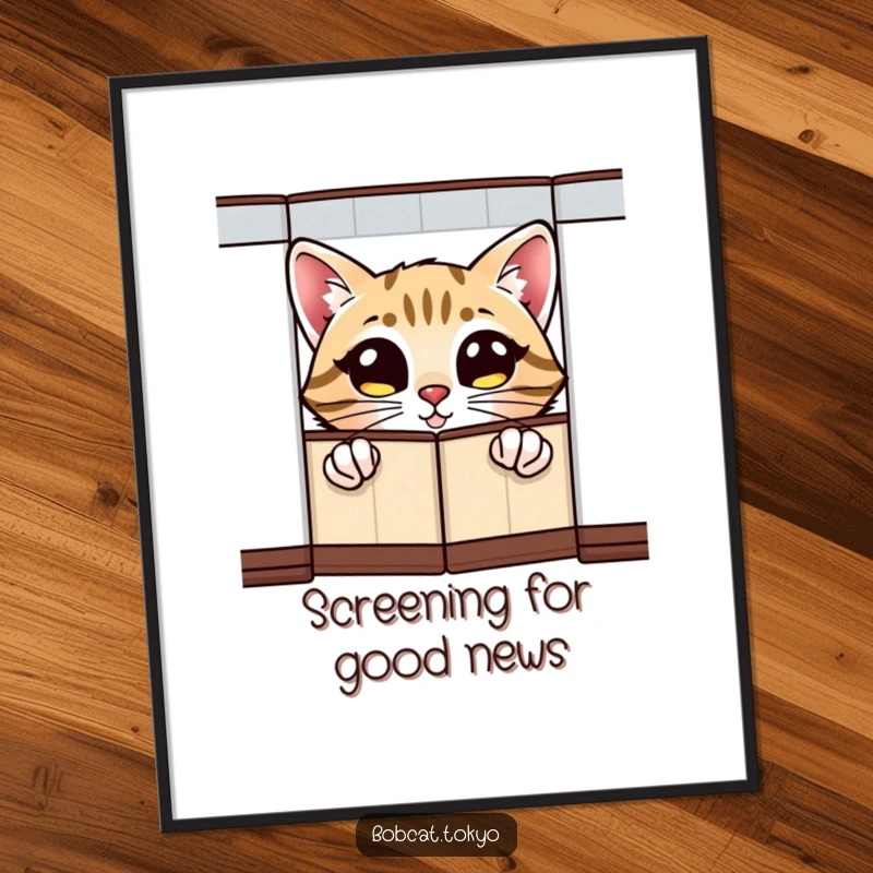 Funny Free Printable Wall Art: A bobcat with huge, excited eyes peeking from behind a decorative folding screen.