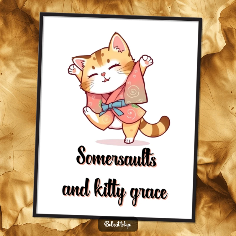 Funny Free Printable Wall Art: Bobcat in a colorful kimono attempting a clumsy somersault, a scene of delightful awkwardness.
