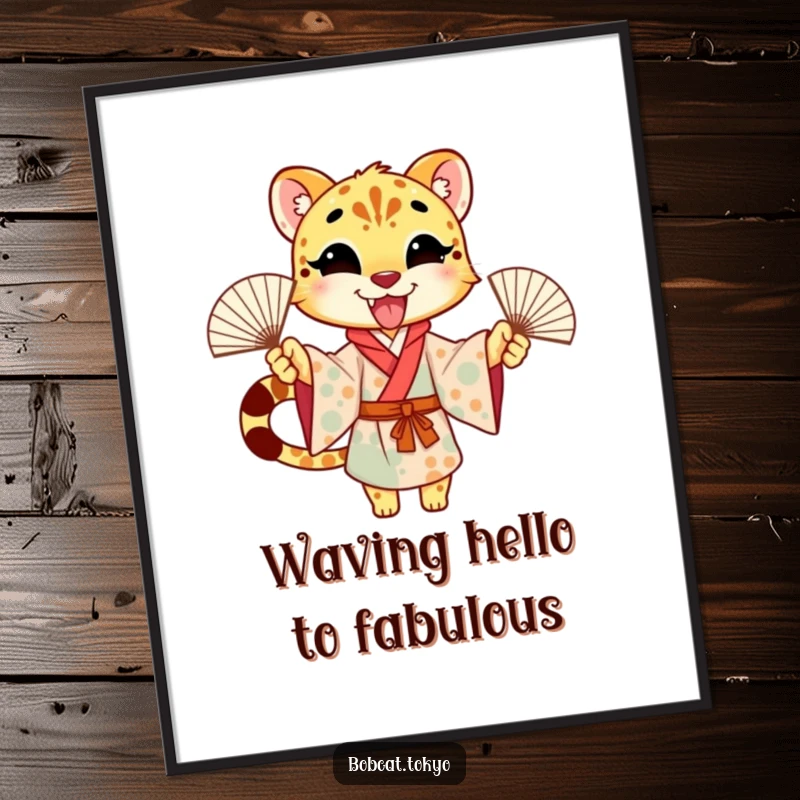 Funny Free Printable Wall Art: Cheetah in Kimono Excitedly Waving Fans with Dynamic, Cheerful Energy