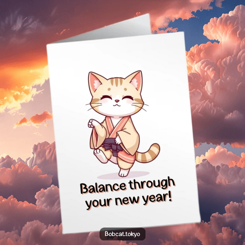 Funny Free Printable Birthday Card: Bobcat playfully balancing on one leg, kimono flowing, looking poised.