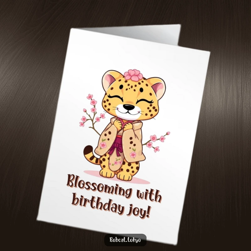 Funny Free Printable Birthday Card: Cheetah in Cherry Blossom Kimono Bowing Playfully for a Sweet Greeting