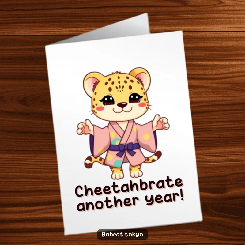 Funny Free Printable Birthday Card: Stylized Cheetah in Kimono Striking a Playful, Humorous Pose for a Delightful Greeting