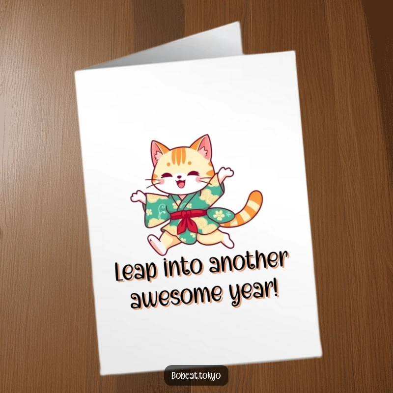 Funny Free Printable Birthday Card: Bobcat silhouette in vibrant kimono leaping with grace, pure joy.