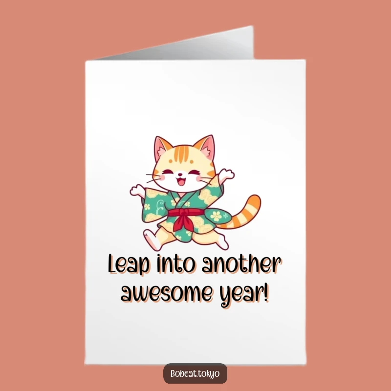 Free Printable Birthday Card: Graceful Bobcat Kimono Leap, Funny Downloadable Gift