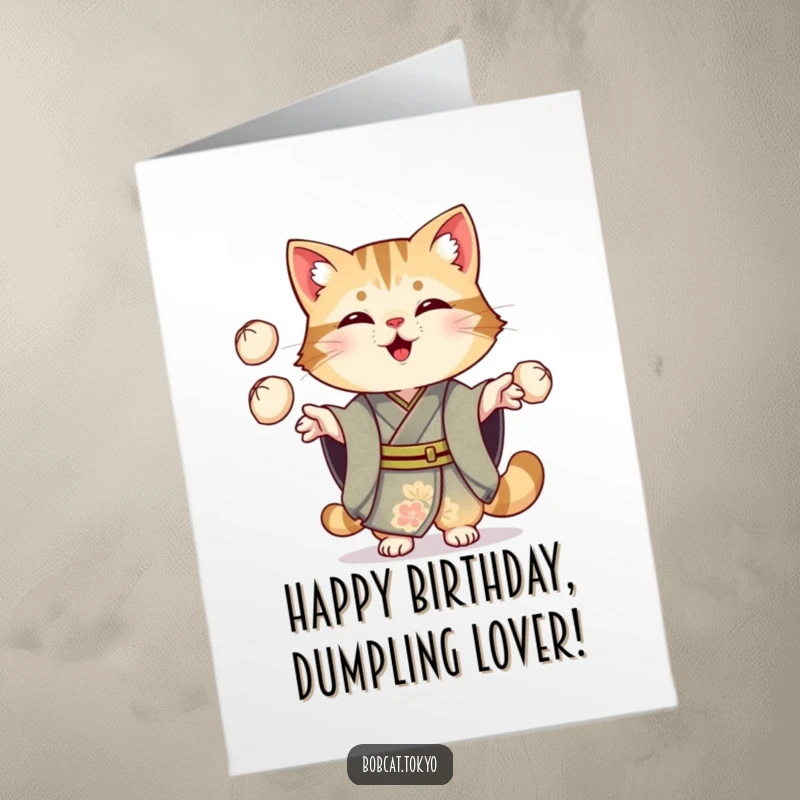 Funny Free Printable Birthday Card: Bobcat wearing an ornate kimono cheerfully juggling three small dumplings, looking very pleased.