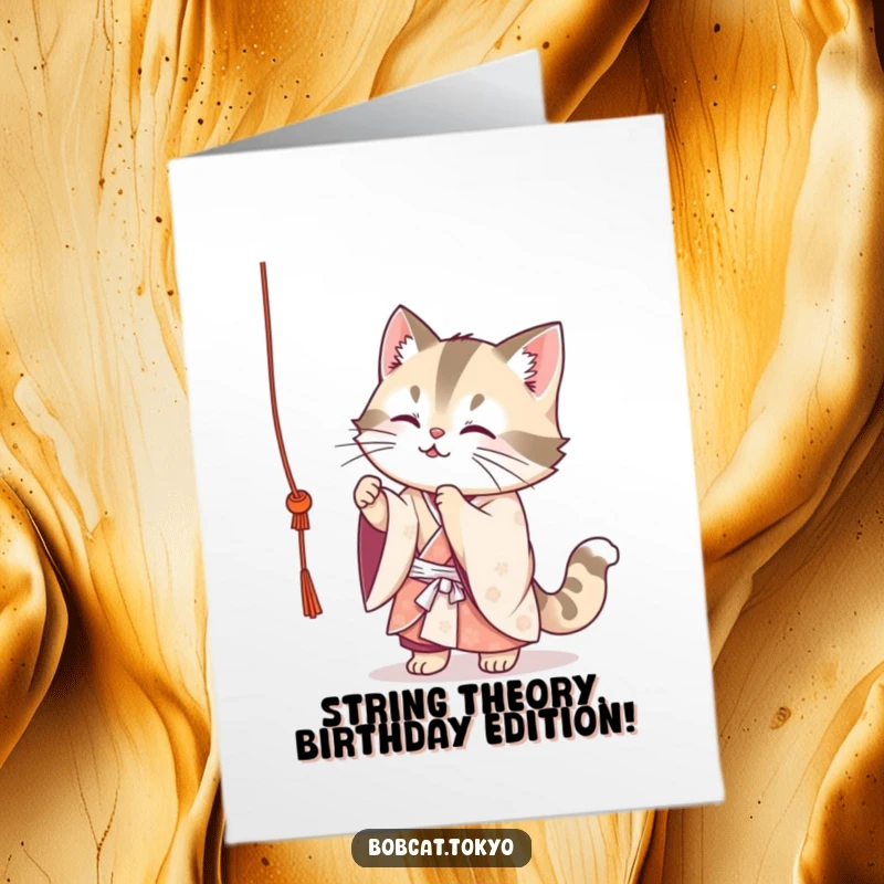 Funny Free Printable Birthday Card: Cute bobcat in a flowing kimono playfully batting at a dangling string, full of mischief.