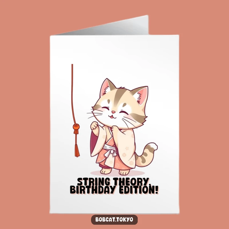 Funny Free Printable Birthday Card: Cute Bobcat in Kimono Batting String - Downloadable Gift