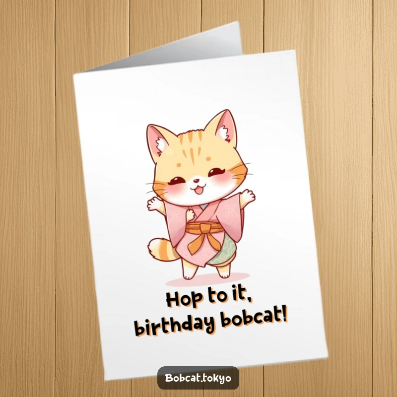 Funny Free Printable Birthday Card: Bobcat garbed in a traditional kimono doing a silly hop, full of exuberance.