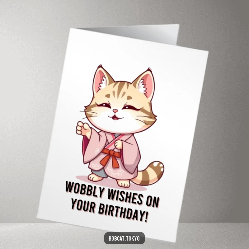 Funny Free Printable Birthday Card: Bobcat in elegant kimono striking a funny, wobbly pose, almost losing balance with charm.