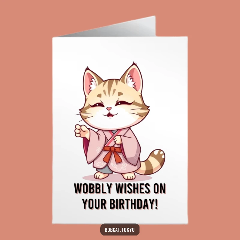 Funny Free Printable Birthday Card: Wobbly Bobcat Kimono Pose - Unique Downloadable Gift