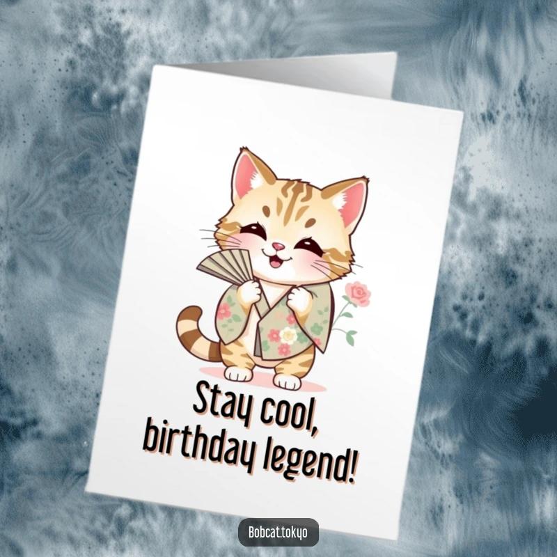 Funny Free Printable Birthday Card: Bobcat enthusiastically fanning itself with its floral kimono sleeve, looking hot.