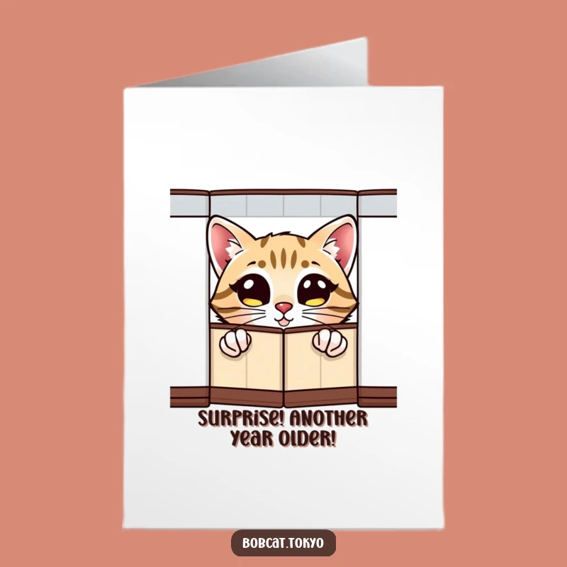 Free Printable Birthday Card: Excited Bobcat Peeking, Funny Downloadable Greeting