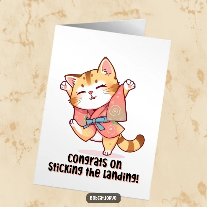 Funny Free Printable Congratulations Card: Bobcat in a colorful kimono attempting a clumsy somersault, a comical display of effort.