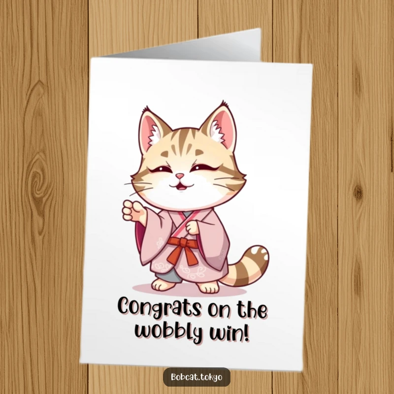 Funny Free Printable Congratulations Card: Bobcat in elegant kimono striking a funny, wobbly pose, showing effort and humor.