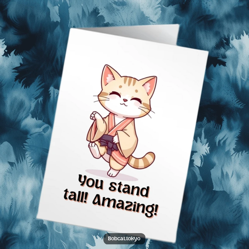 Funny Free Printable Congrats Card: Bobcat artistically balancing on one leg, its kimono flowing gracefully behind.