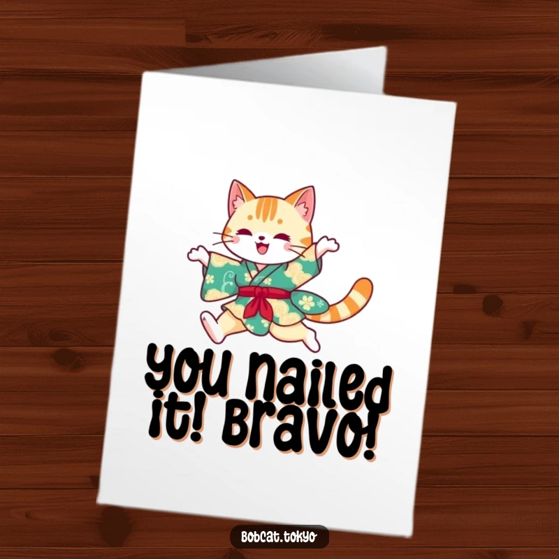Funny Free Printable Congrats Card: Bobcat silhouette in a vibrant kimono performing a graceful leap.