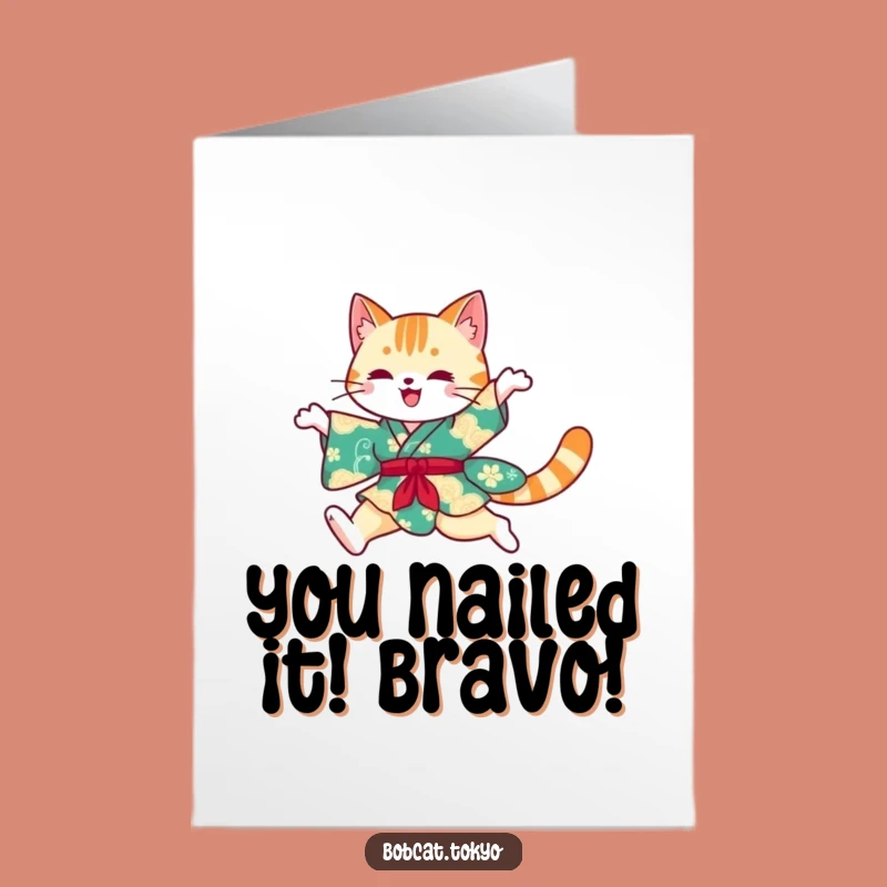 Free Printable Congrats Card: Bobcat Kimono Leap, Celebrate Success with Humor