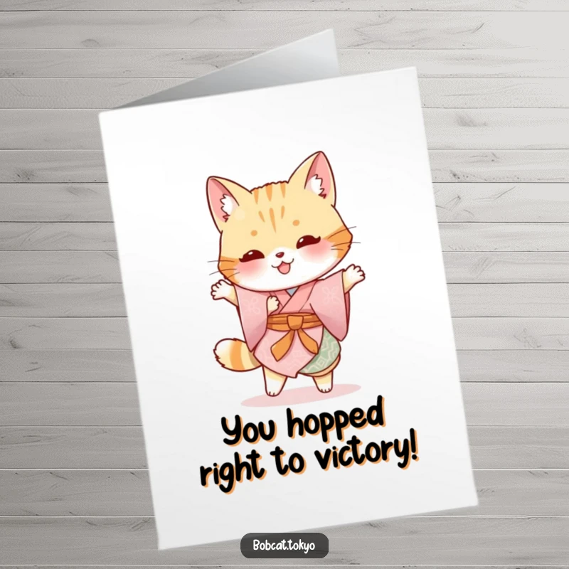 Funny Free Printable Congratulations Card: Bobcat garbed in a traditional kimono doing a silly hop, capturing pure delight.