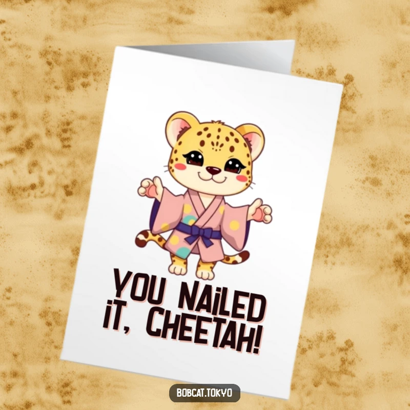 Funny Free Printable Congratulations Card: Stylized Cheetah in Kimono Celebrating with a Playful, Joyful Pose