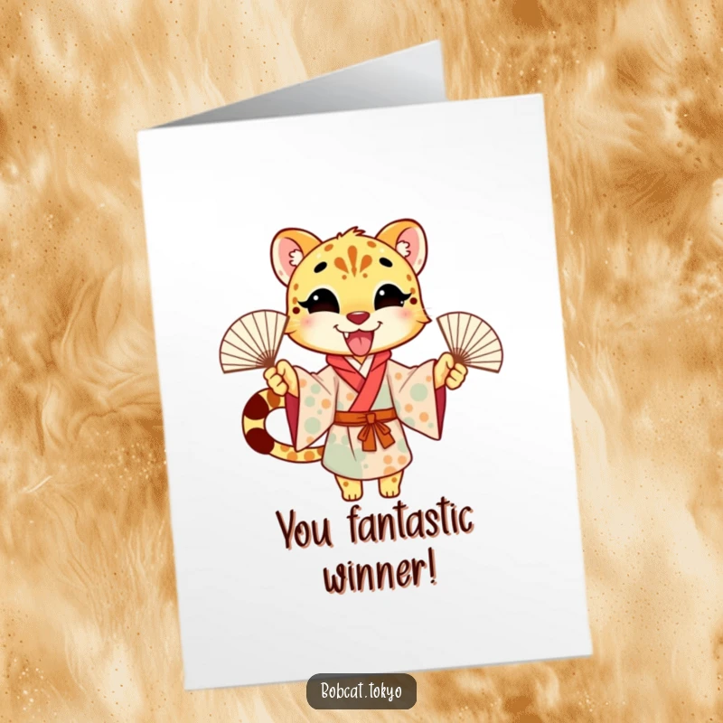 Funny Free Printable Congratulations Card: Cheetah in Kimono Excitingly Waving Multiple Fans with Joyful Energy