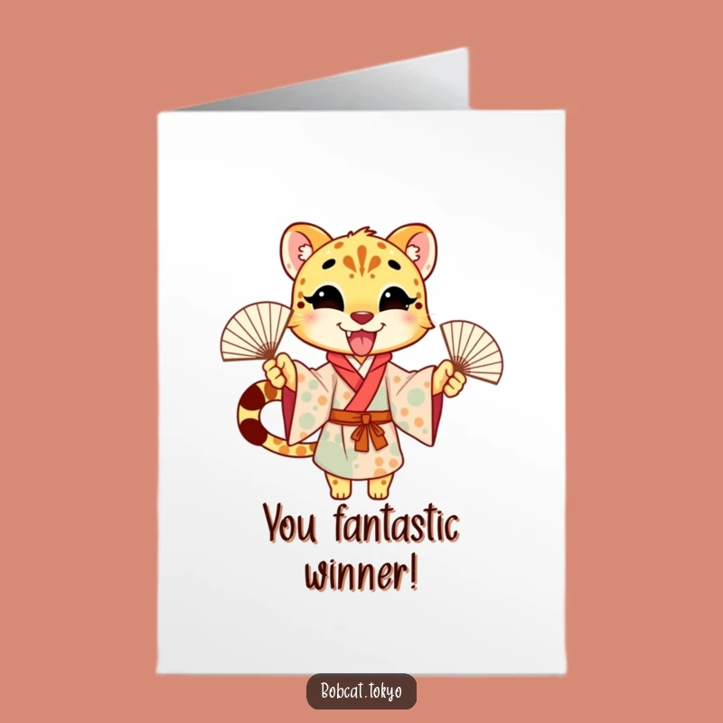 Free Printable Congrats Card: Cheetah Waving Fans - Funny Downloadable Gift for Big Wins