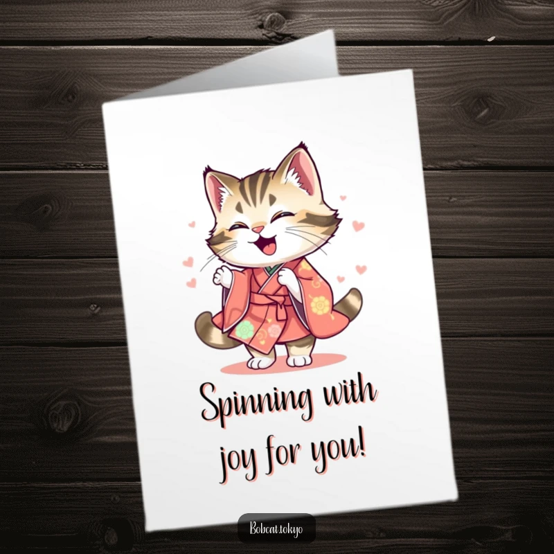 Funny Free Printable Congrats Card: Bobcat spinning with pure joy, its vibrant kimono creating a mesmerizing colorful blur.