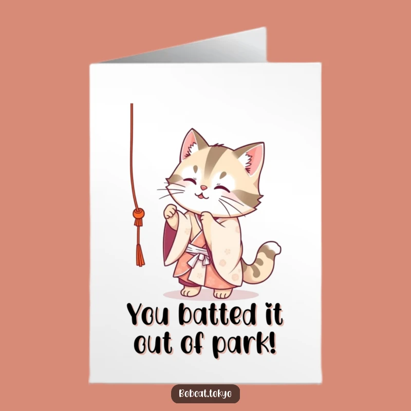 Free Printable Congrats Card: Adorable Bobcat in Kimono Juggling - DIY Downloadable Surprise