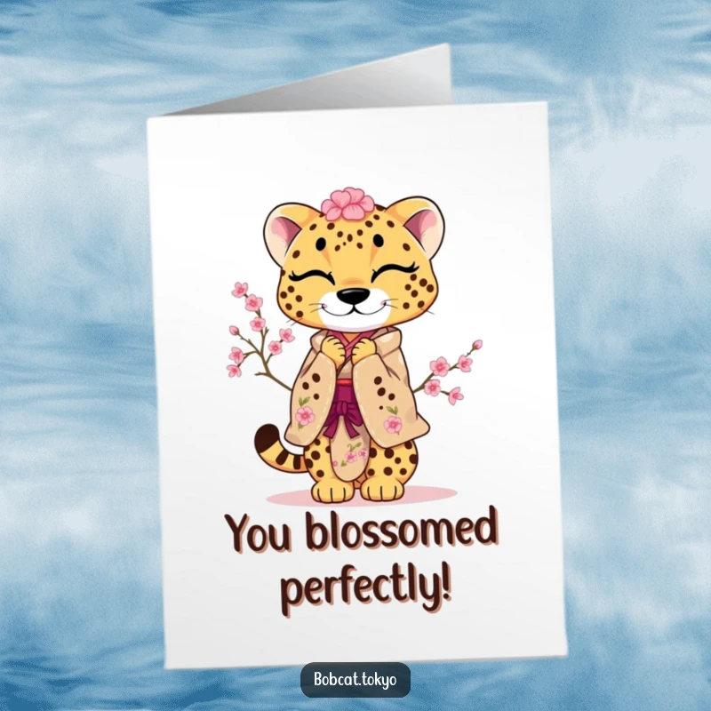 Funny Free Printable Congratulations Card: Cheetah in Kimono Adorned with Cherry Blossoms Bowing Playfully